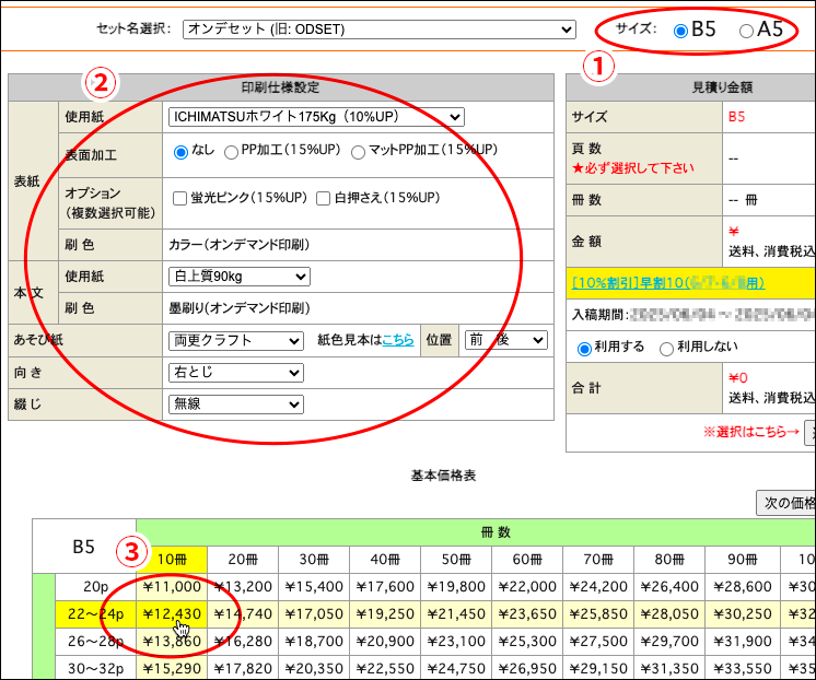 仕様を選択し、希望冊数と総ページ数の価格をクリックする